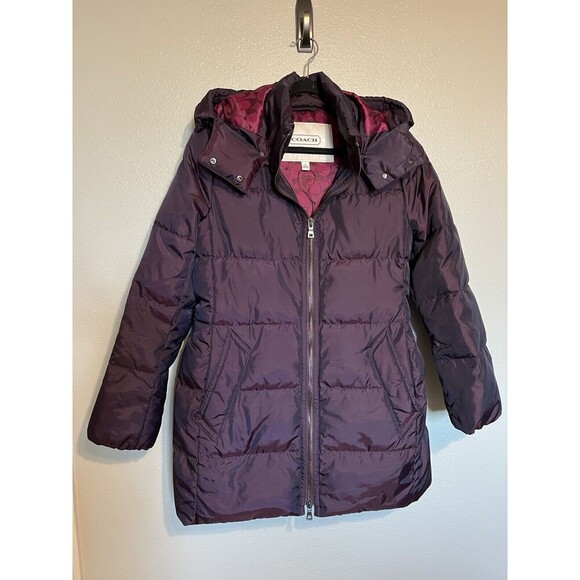 Coach Womens Quilted Puffer Coat Jacket Purple Belted Down Parka Size Medium - Picture 1 of 13